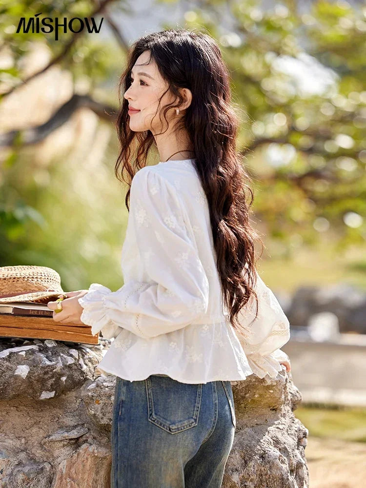 MISHOW Embroidered Lace Blouse V-Neck Drawstring MXE11X1708