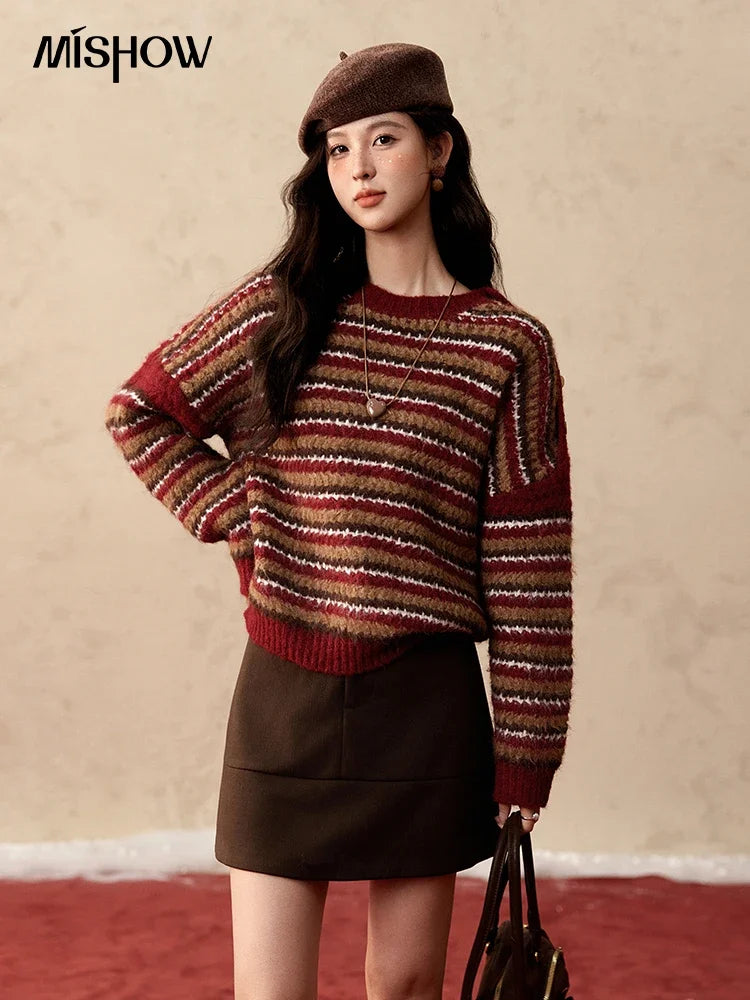 Mishow Christmas Retro Striped Wool Blend Button Sweater MXD59Z1060