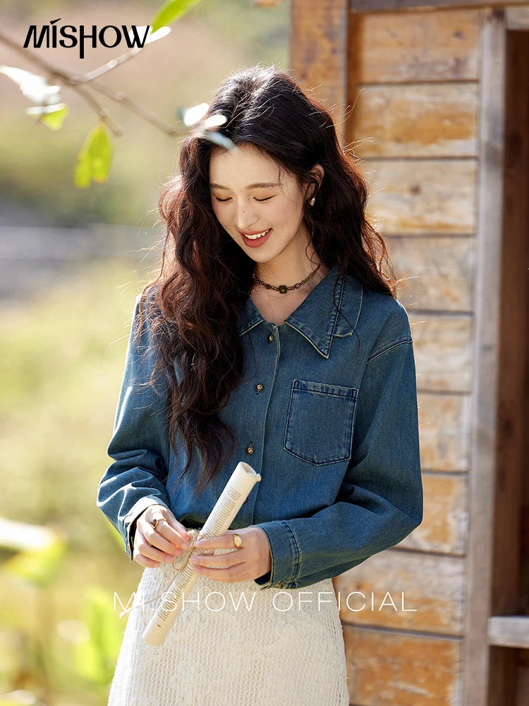 MISHOW Washed Denim Shirt Double Layered Patchwork Collar Metal Buckle MXE12C0751
