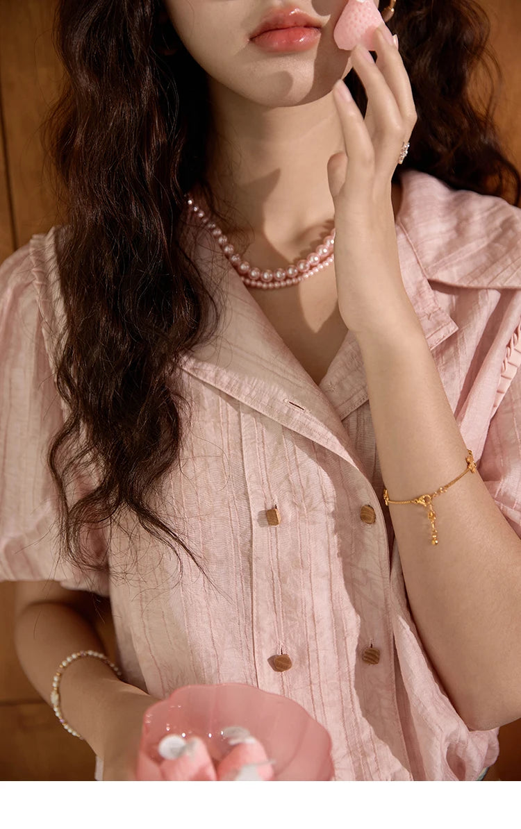 MISHOW Retro Pink Short Sleeve Shirt Ruffled Edge MXD29C0273