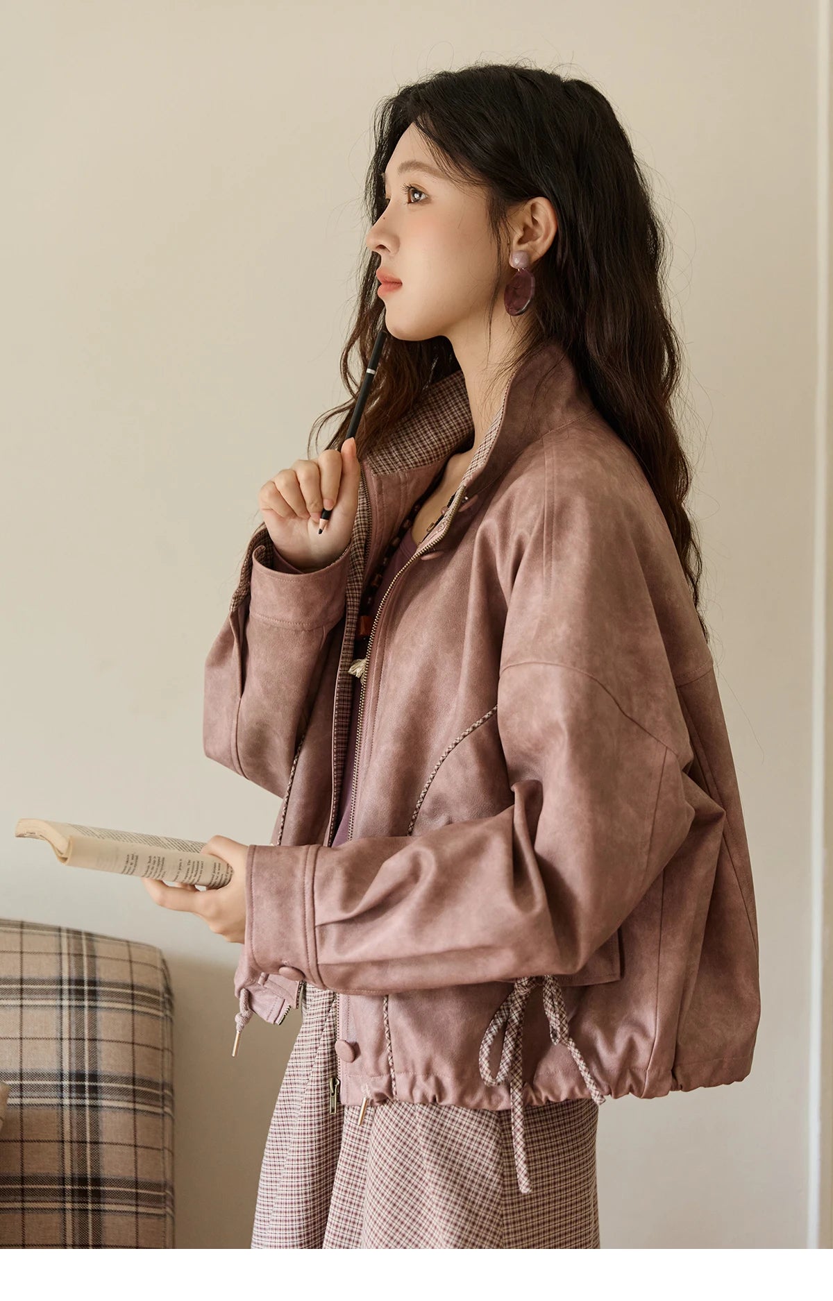 MISHOW Dyed Leather Jacket Contrasting Plaid Lapel Bow Pockets MXE44W0818