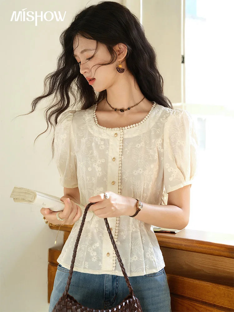 MISHOW Embroidery Cotton Shirt Puff Sleeve Button MXE39X1979