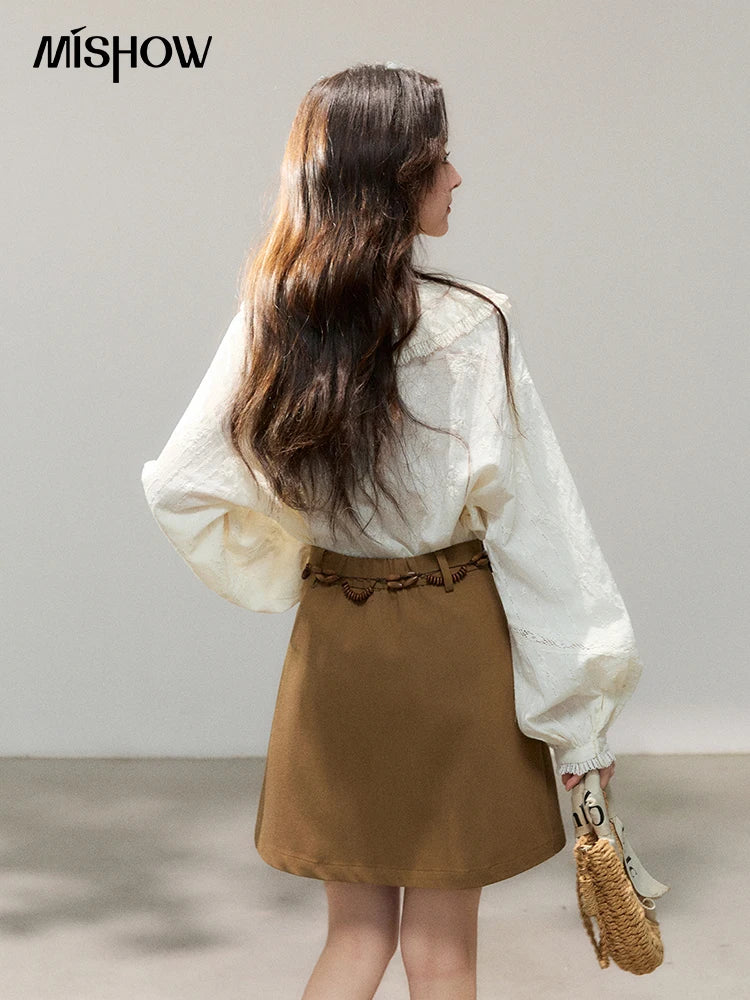 MISHOW Beige Lace Shirt Peter Pan Collar Micro Lantern Sleeve MXF108C0813