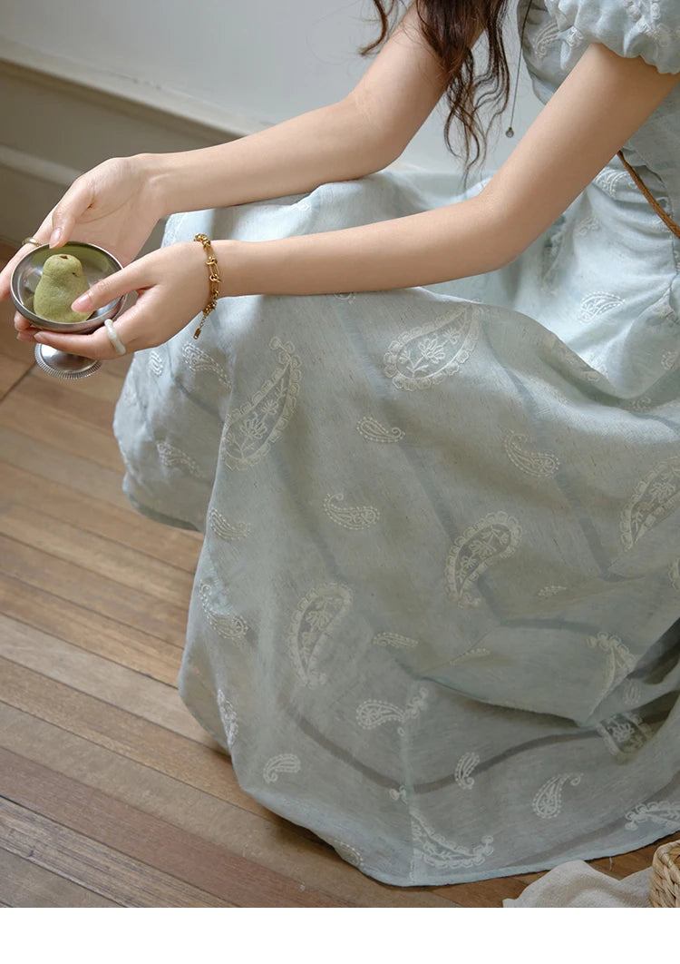 Mishow Paisley Embroidery Square Neck Puff Sleeve Dress MXE34L2265