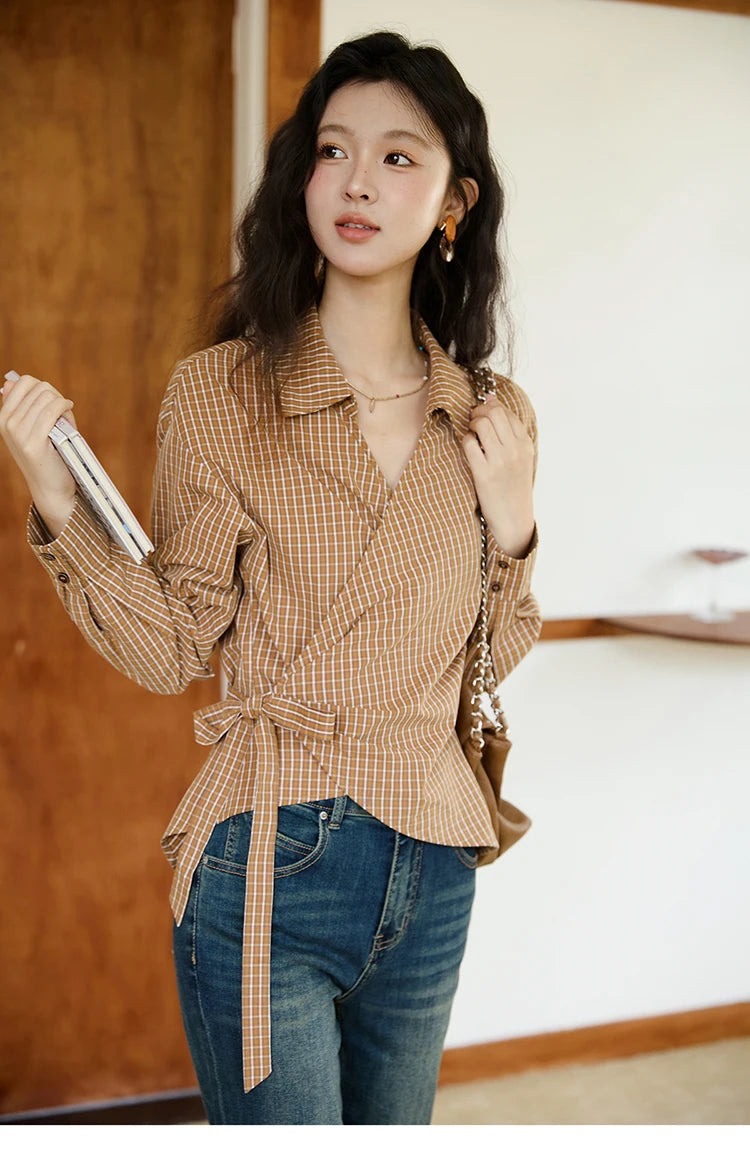 MISHOW Dark Orange Plaid Shirt Side Waist Lace-Up MXE46X2494