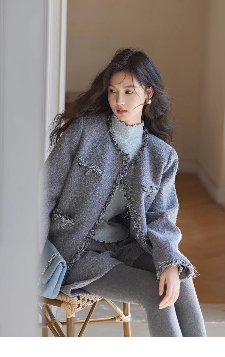 Mishow Plaid Tweed Jacket & Solid Shorts Set MXD35W0489