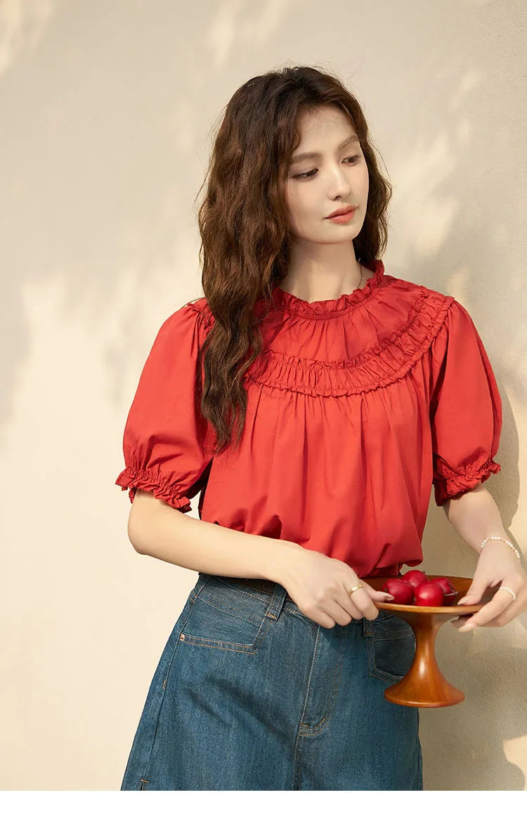 MISHOW French Cotton Bubble Sleeve Blouse Lace Collar MXD23X1500