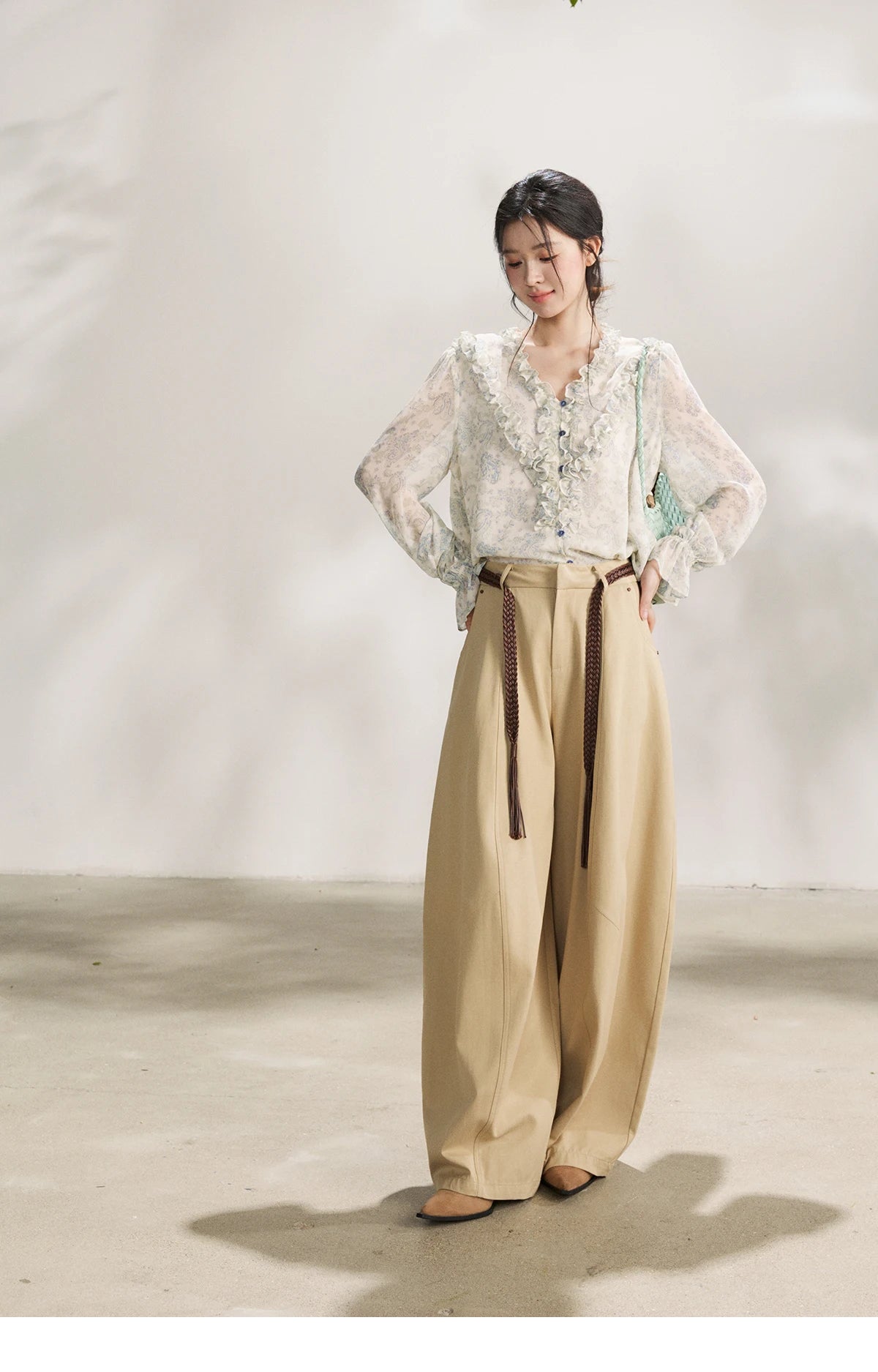 MISHOW Khaki Wide Leg Pants High Waist Belted Rear Pocket MXF13K1237