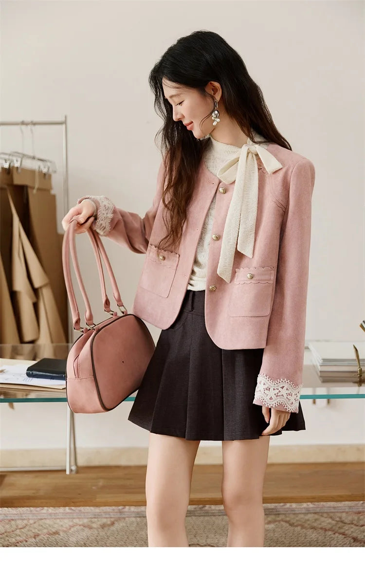MISHOW Fragrant Suede Jacket Cuffs Hollowed Out Lace Metal Button MXE46W0839