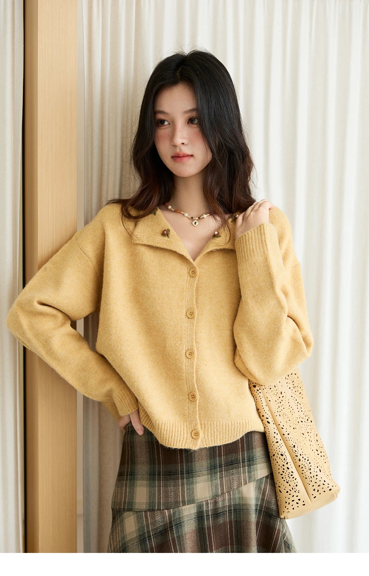 Mishow Yellow Handmade Flower Turn-Down Collar Cardigan MXE47Z2591
