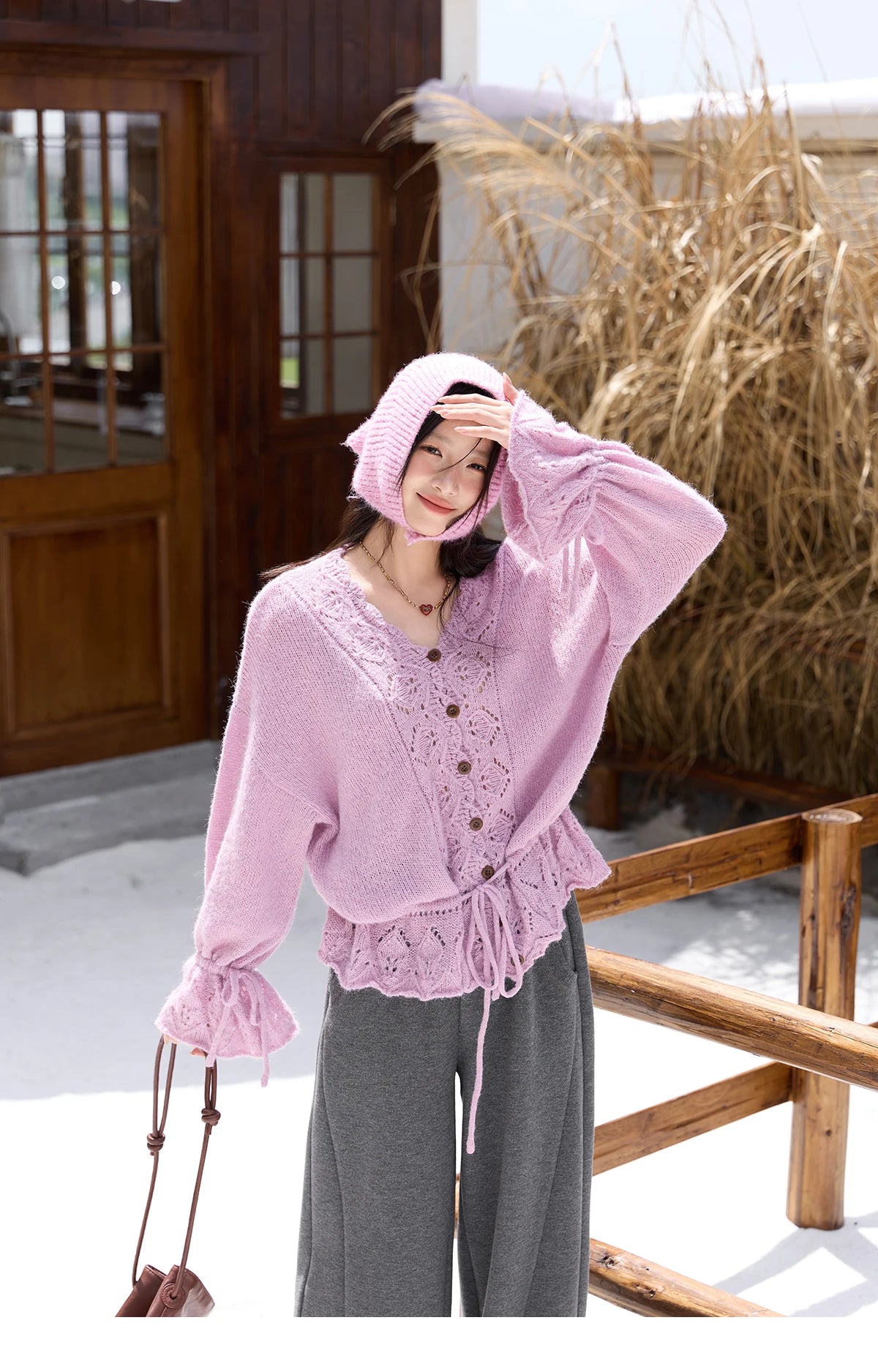 Mishow Hollow Knit V-Neck Flared Sleeve Cardigan MXE47Z2513