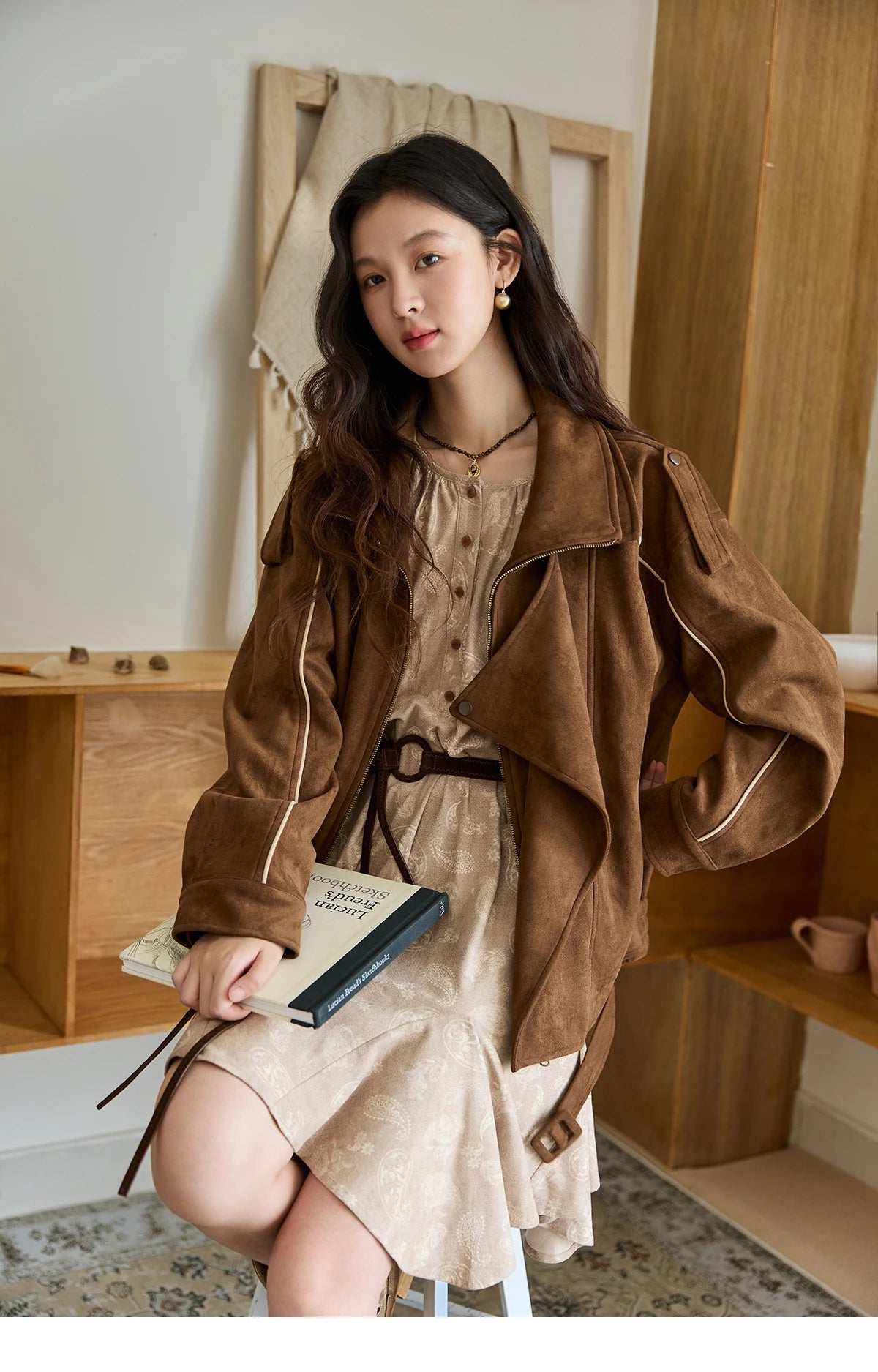 MISHOW Brown Suede Short Jacket Split Turn Down Collar MXE48W0850