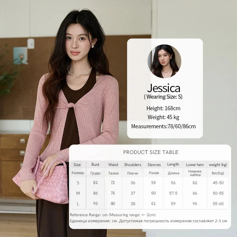 Mishow Pink Brown Fake Two-Piece Knot Front Top MXF11Z2912