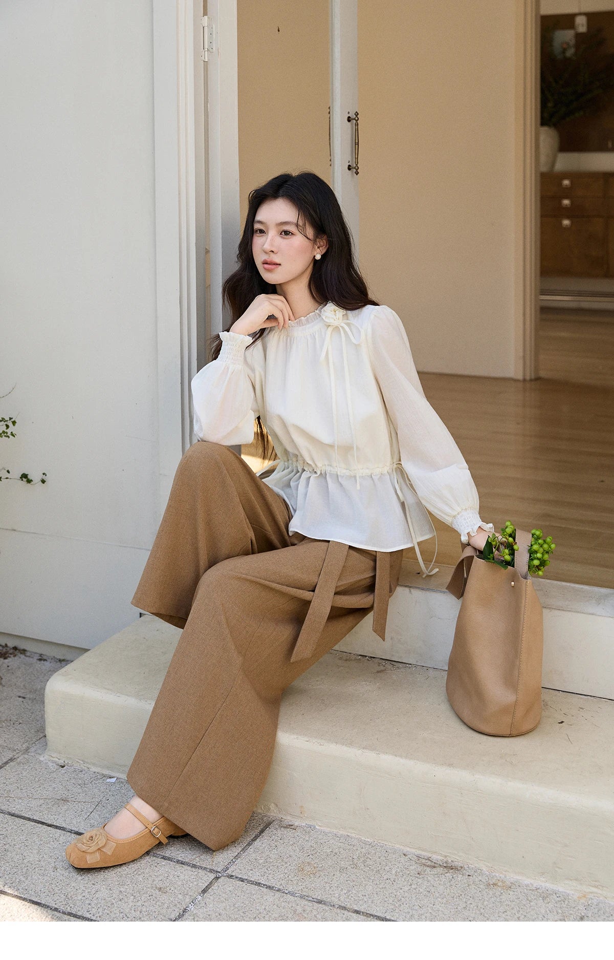 MISHOW Ruffled Stand Collar Blouse Drawstring Waist Puff Sleeve MXF11C2428