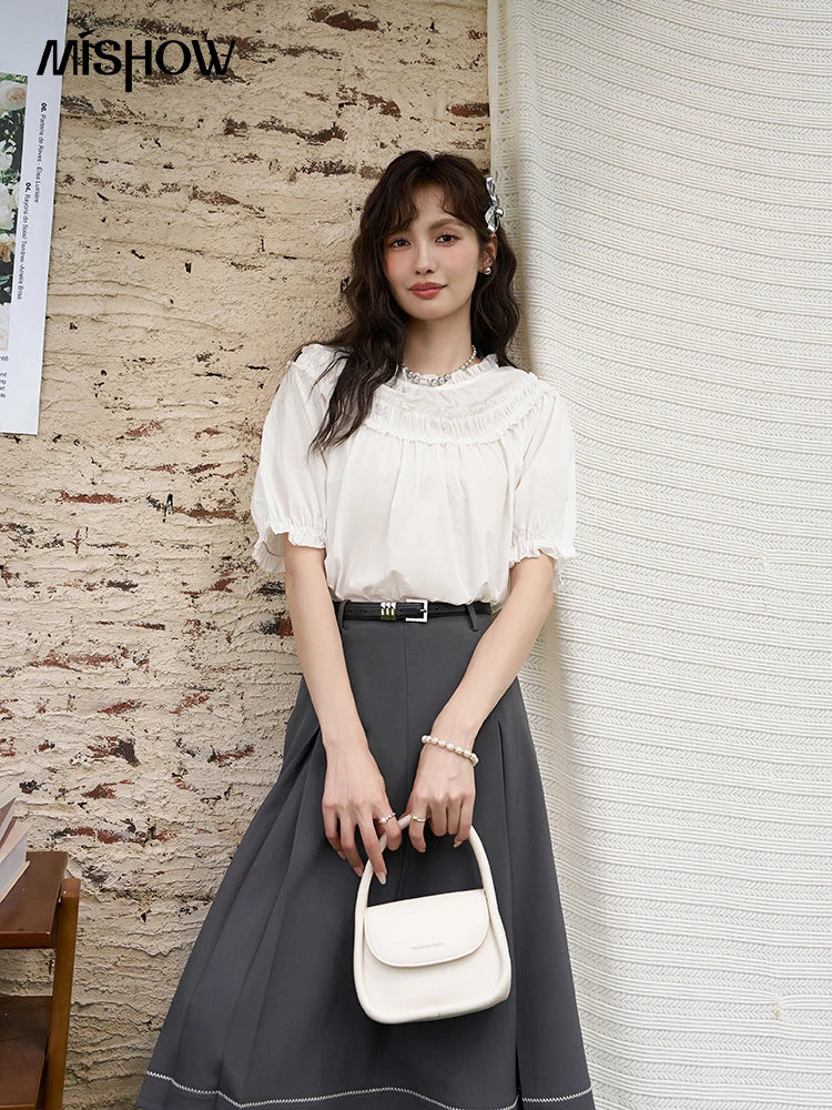 MISHOW French Cotton Bubble Sleeve Blouse Lace Collar MXD23X1500