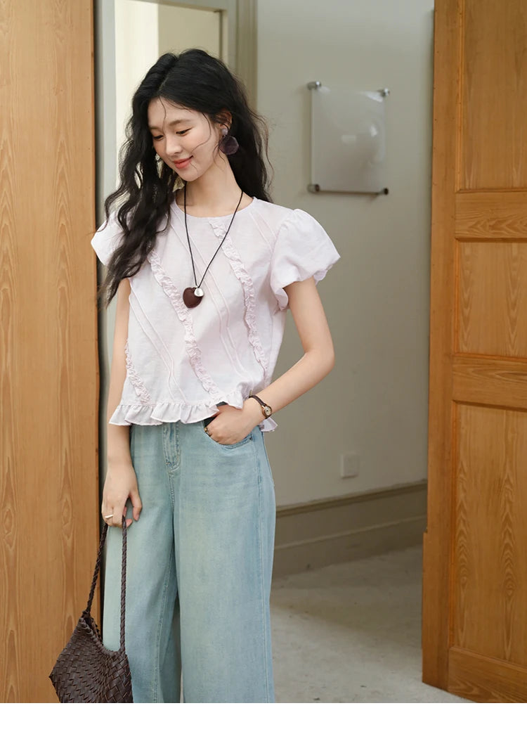 MISHOW Fungus Edge Puff Sleeve Blouse O-Neck Loose MXE39X1941