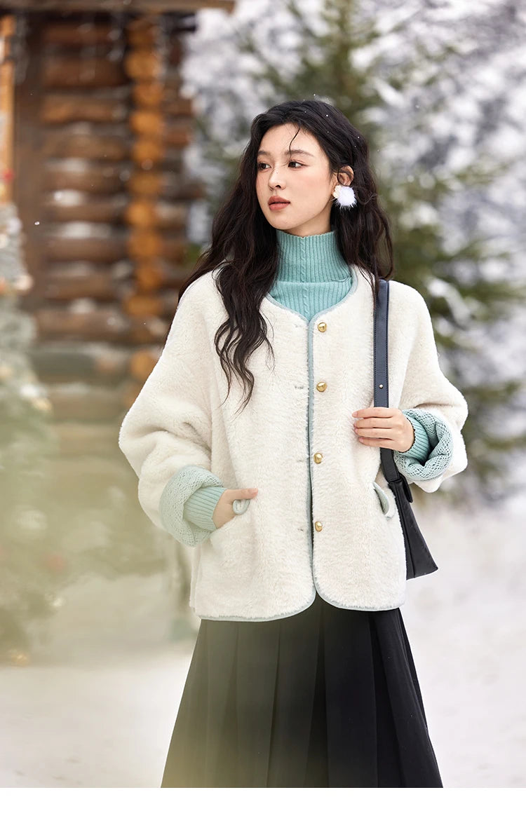 Mishow Lamb Wool Cuff Lace Metal Button Jacket MXD58W0740
