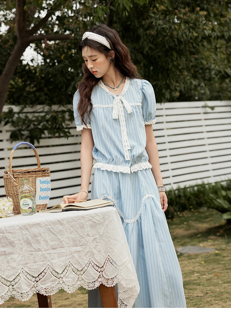 Mishow Blue Stripe V-Neck Top & A-Line Skirt Set MXE31T0531
