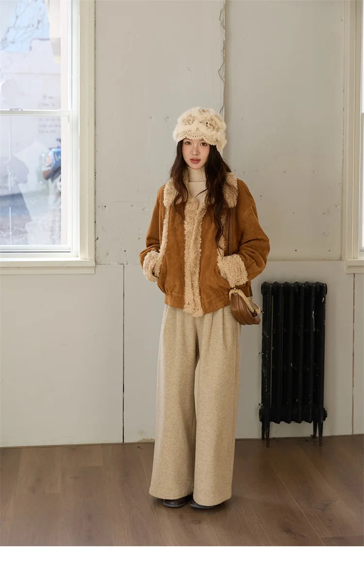 MISHOW Retro Brown Suede Jacket Patchwork Fur Turn Down Collar MXE89W0895
