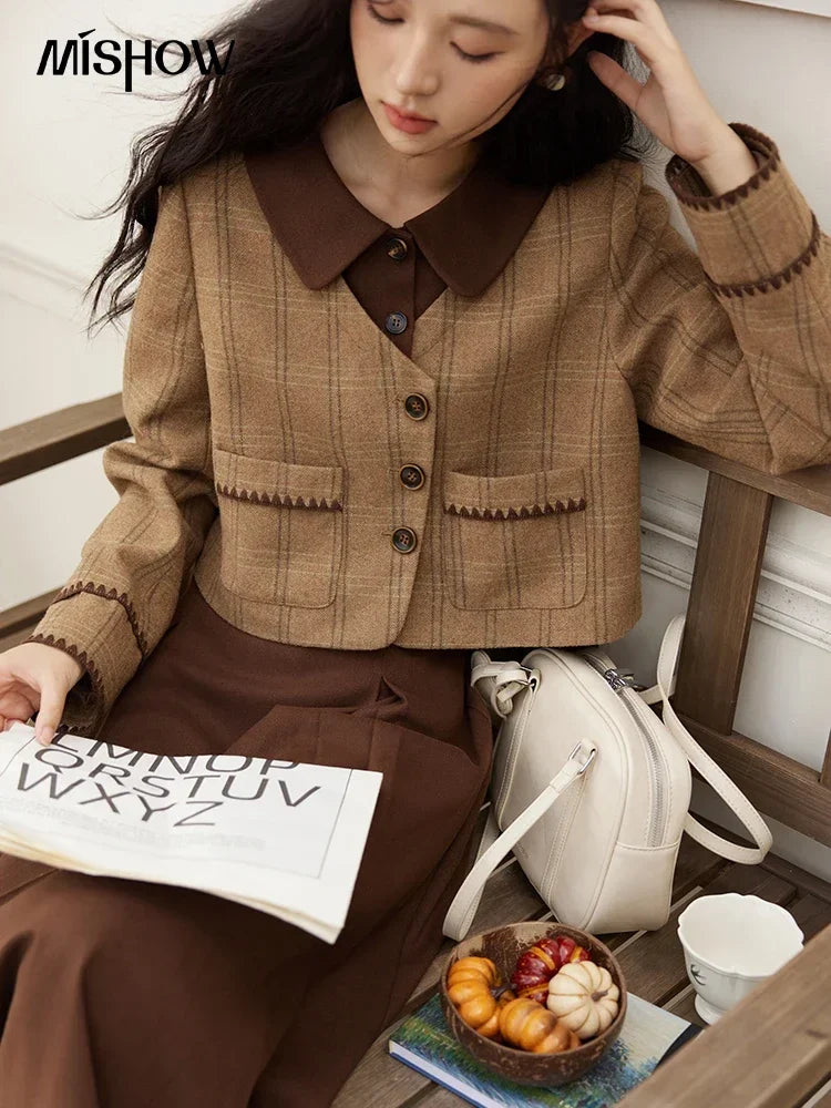 Mishow Plaid Tweed Jacket & Pleated Midi Skirt Set MXD46W0460