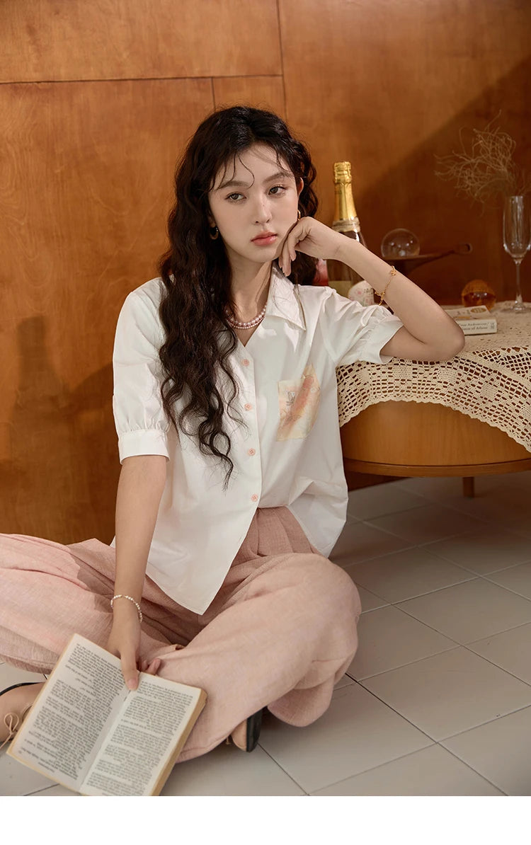 MISHOW Cotton Short Sleeve Shirt Embroidered Pocket Puff Sleeve MXD26C0243