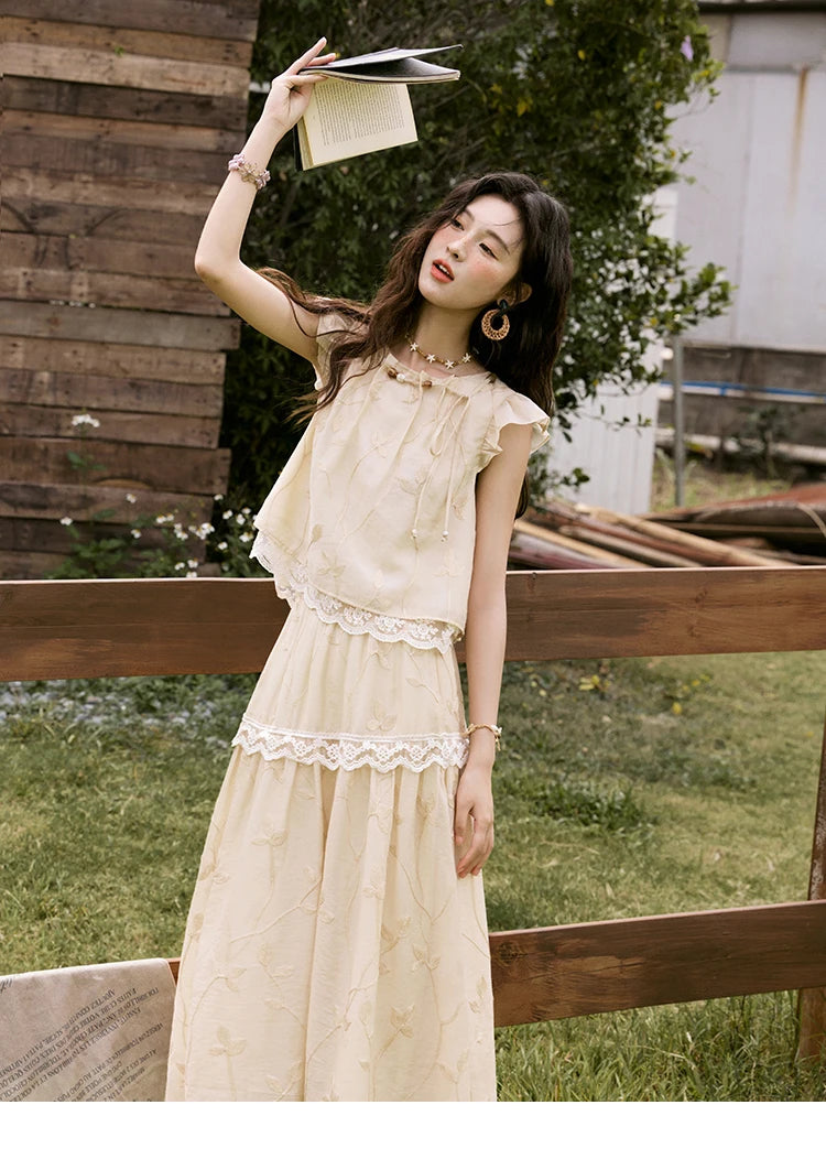 Mishow Short Flying Sleeve Top & Hollow Embroidery A-Line Skirt Set MXE33T0545