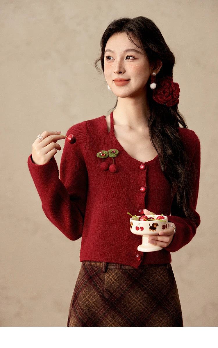 Mishow Red Cherry Ornament Slim V-Neck Cardigan MXD112Z1006