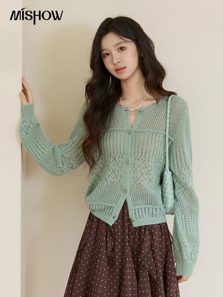 Mishow Mint Green Crew Neck Hollow Cardigan MXF108Z1046