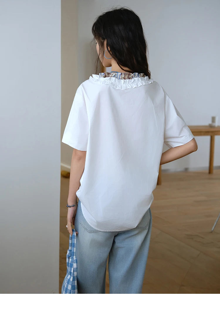MISHOW V-Neck Shirt Patchwork Double Layer Fungus Edge Button MXE35X1793