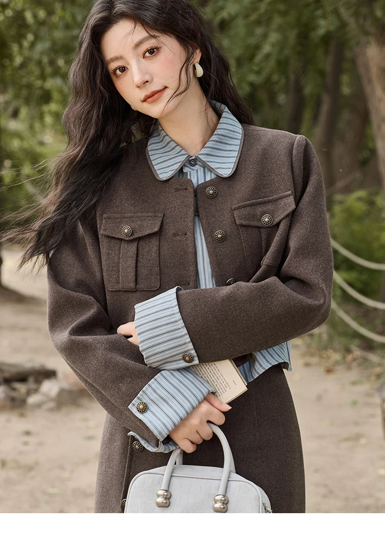 Mishow Plaid Tweed O-Neck Jacket & Front Slit Long Skirt Set MXD43W0445