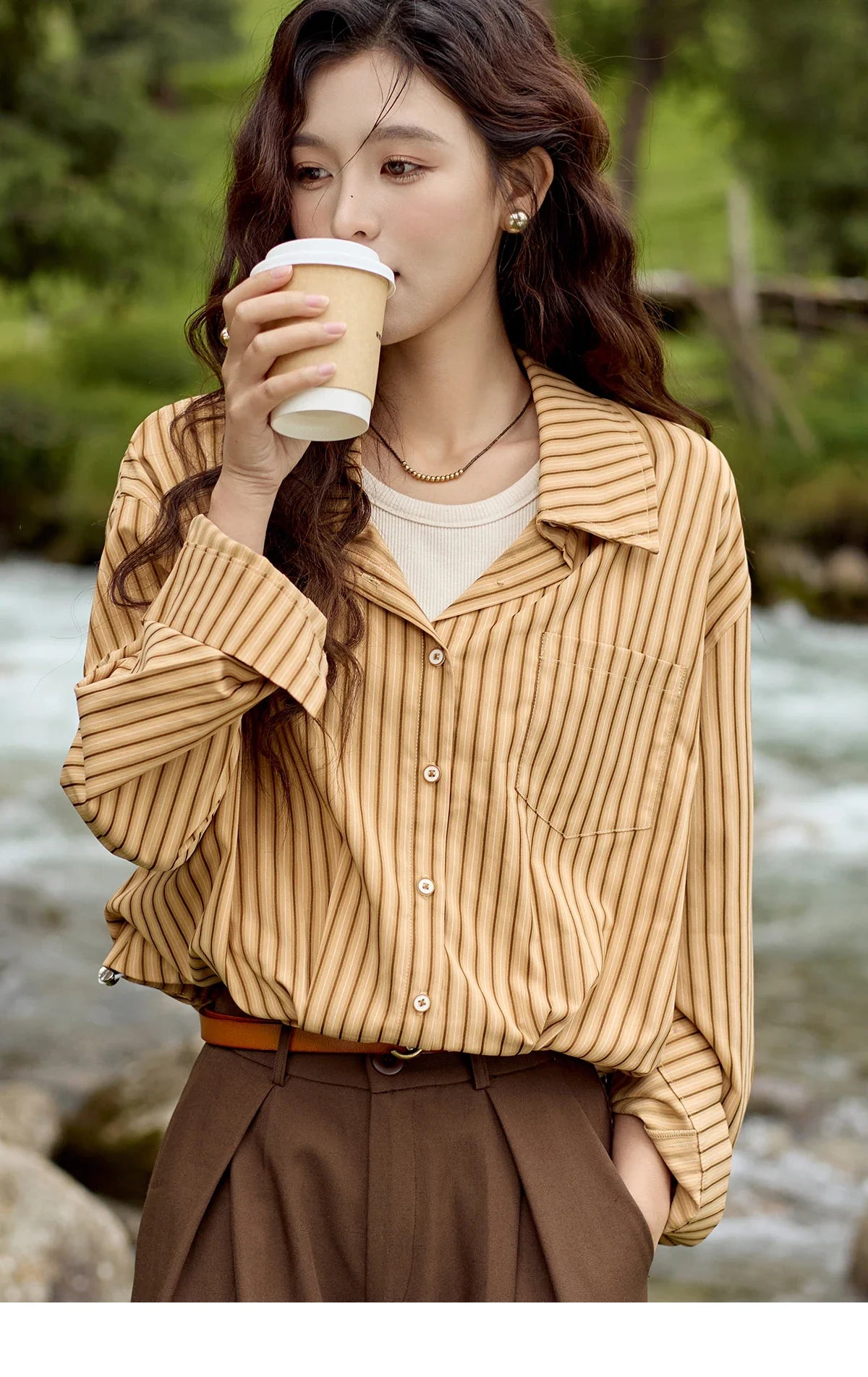 MISHOW Loose Lapel Stripe Fake Two Piece Shirt Asymmetric Pocket MXD43C0303
