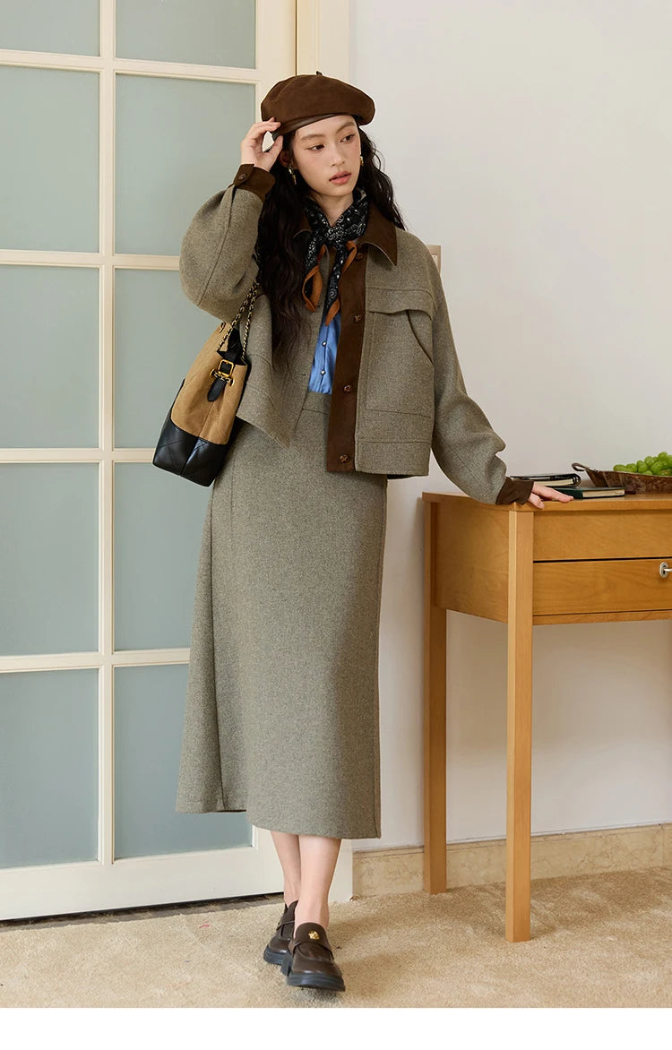 Mishow Contrast Suede Patchwork Wool Coat MXE46W0844
