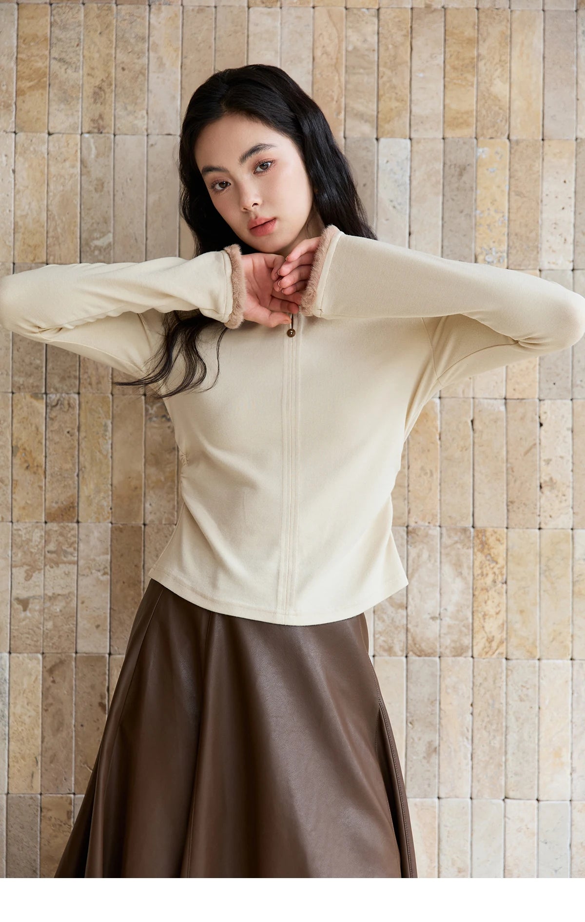 Mishow Apricot Brushed Knit Pleated Pullover MXE48Z2517