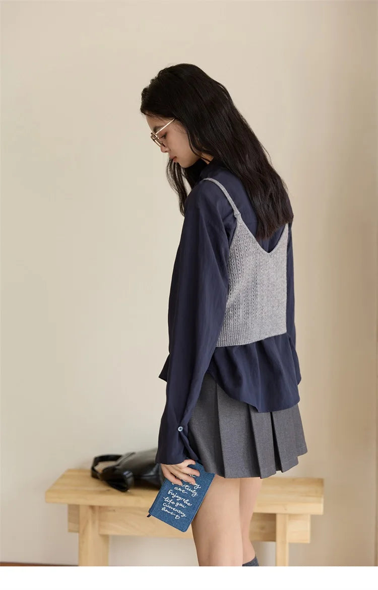 MISHOW Navy Ribbon Layered Shirt Knit Camisole Two-Piece Set MXE47T1412