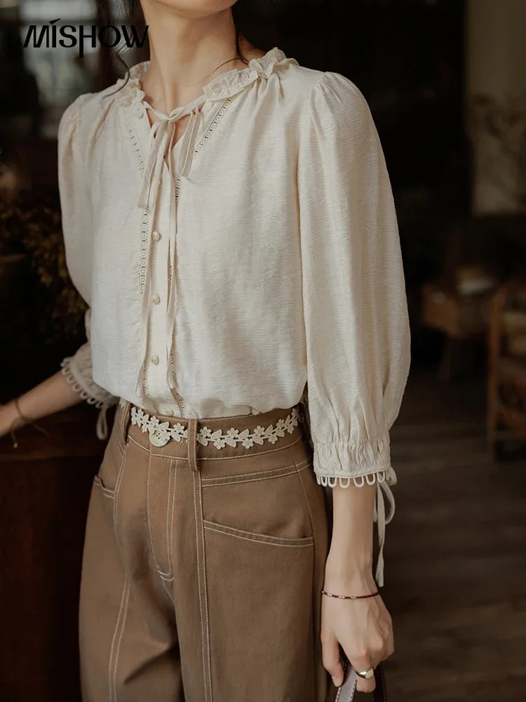 MISHOW French Retro Lace Collar Shirt Bow Tie Lantern Sleeve MXD41X1621