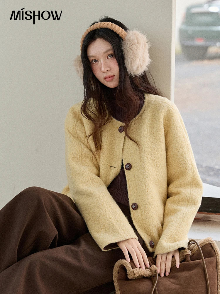 MISHOW Brown Wool Quilted Coat Round Neck Short Loose MXE87W0935