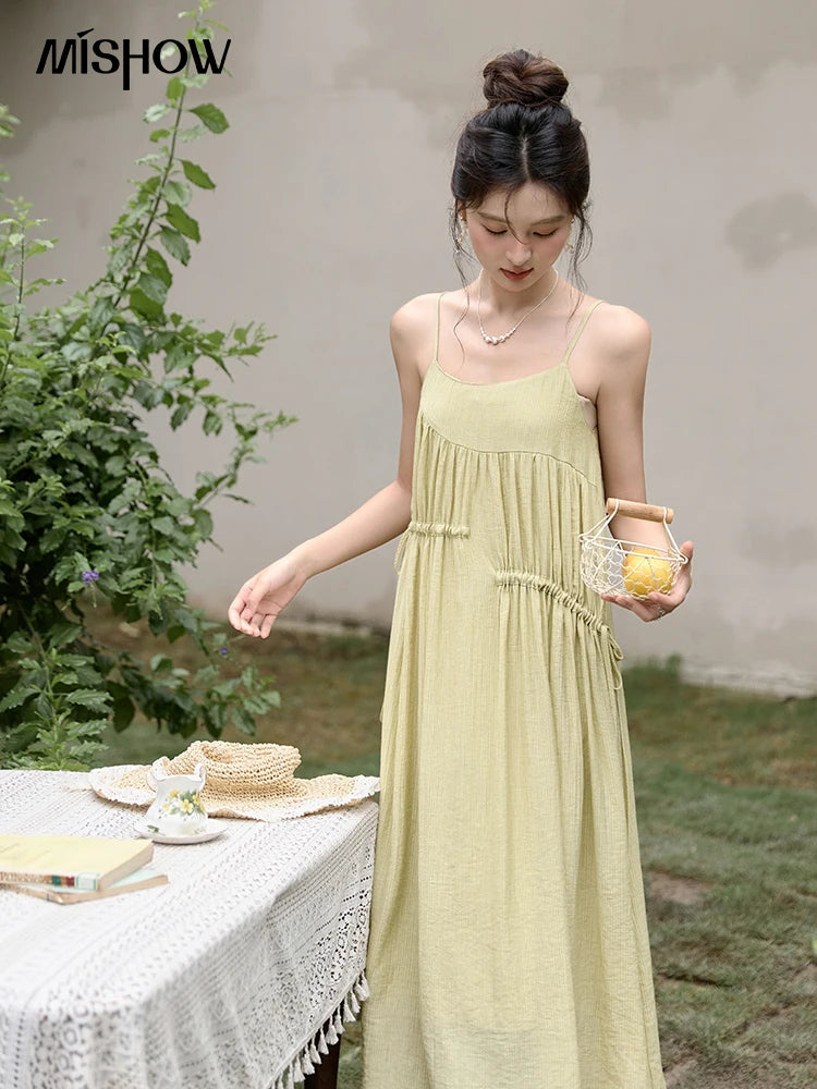 Mishow Irregular Pleated Olive Green Drawstring Dress MXD31L1928