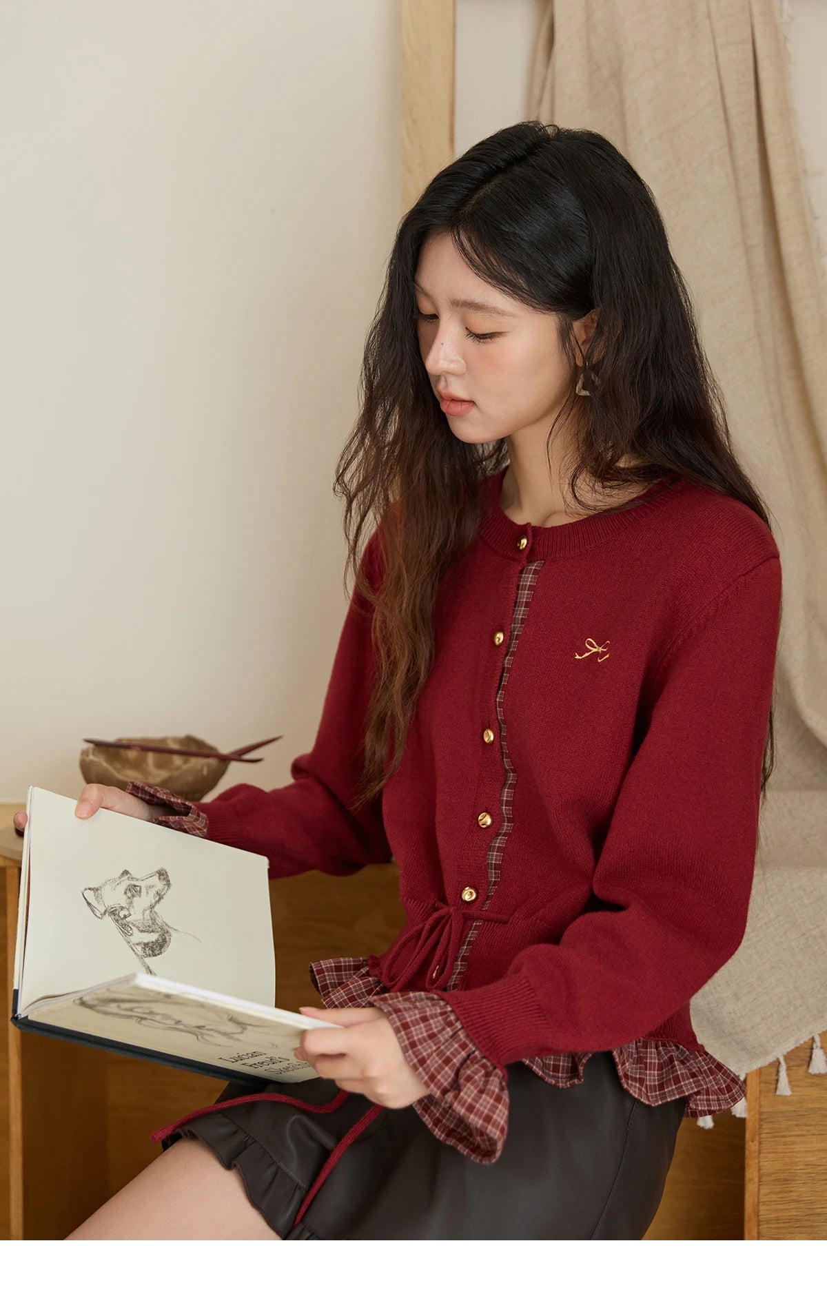 Mishow Red Fake Two-Piece Plaid Patchwork Cardigan MXE45Z2483