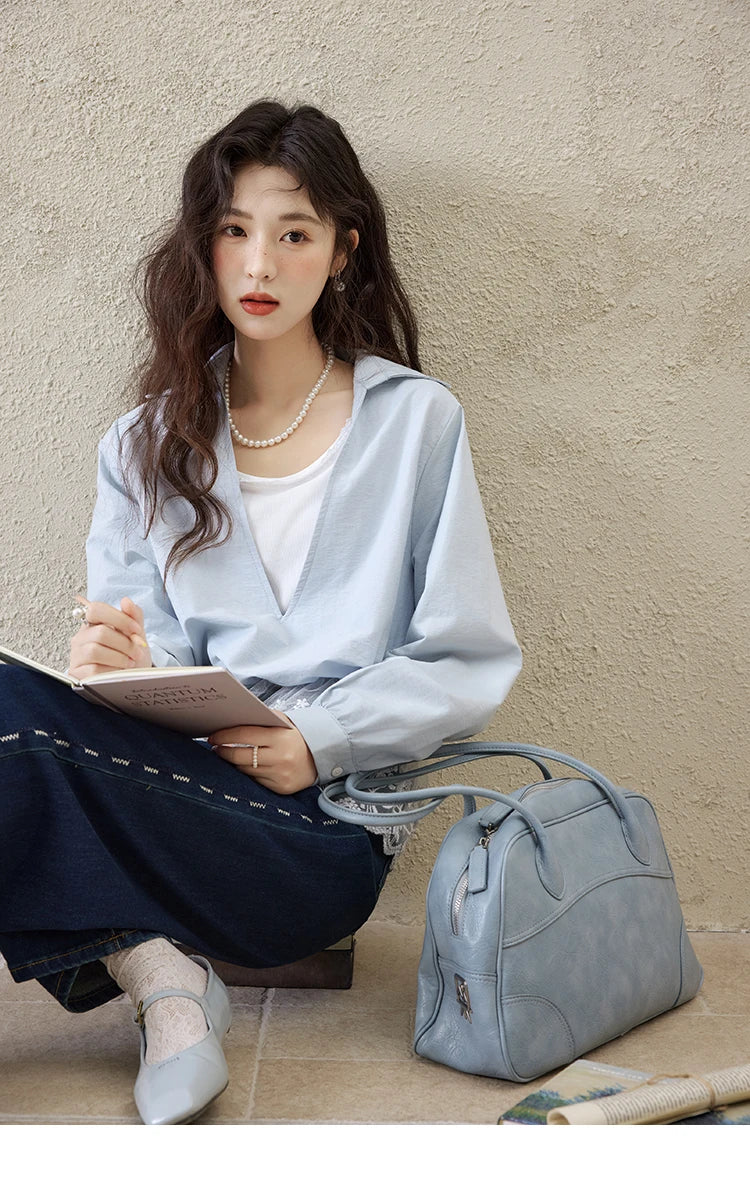 MISHOW French Fake Two-Piece Blouse Turn-Down Collar Lace Splicing MXE16C0783