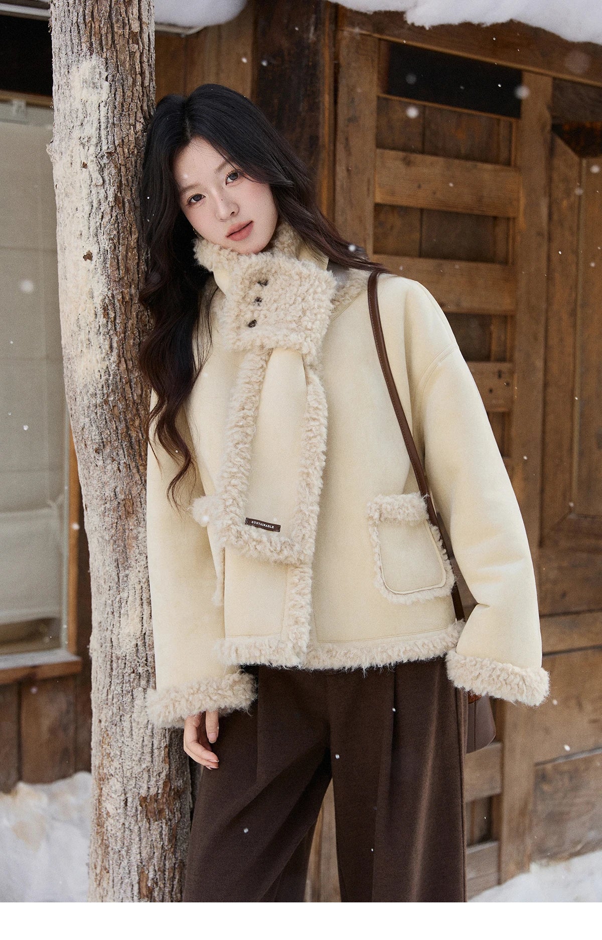Mishow Cream Yellow Faux Suede Coat with Matching Scarf MXE91W1019