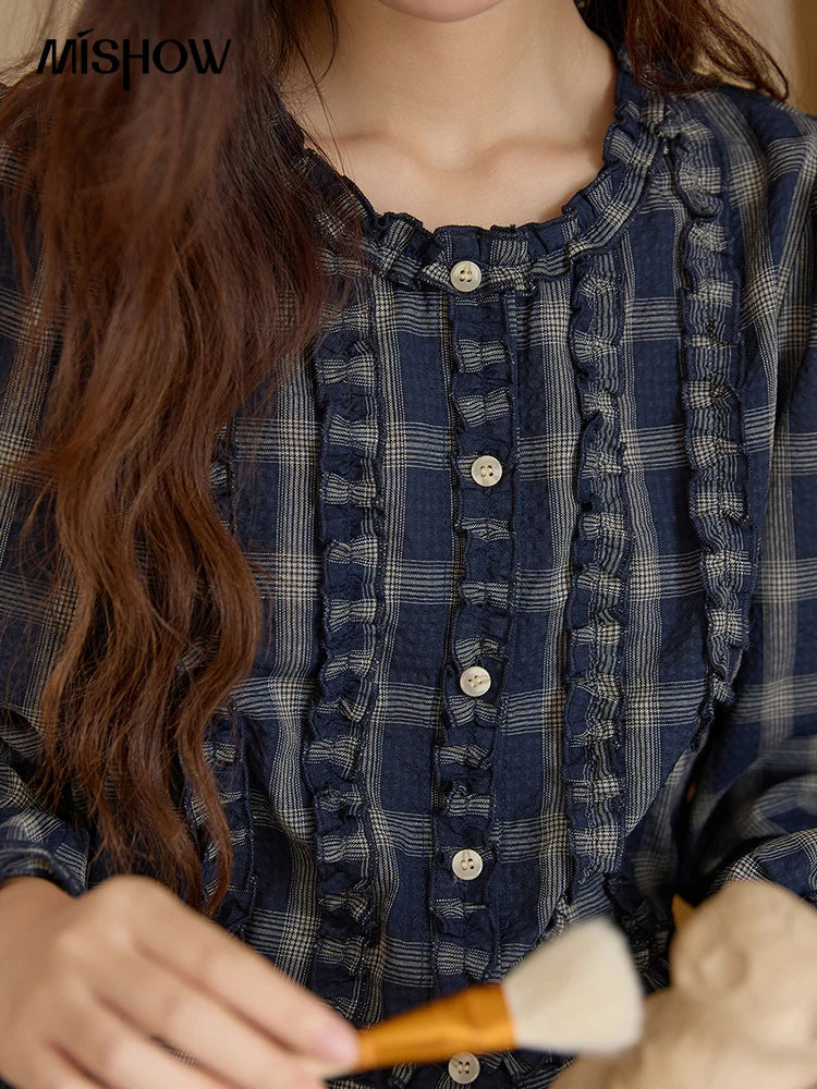 MISHOW Vintage Blue Plaid Shirt Round Neck Loose MXE45X2480