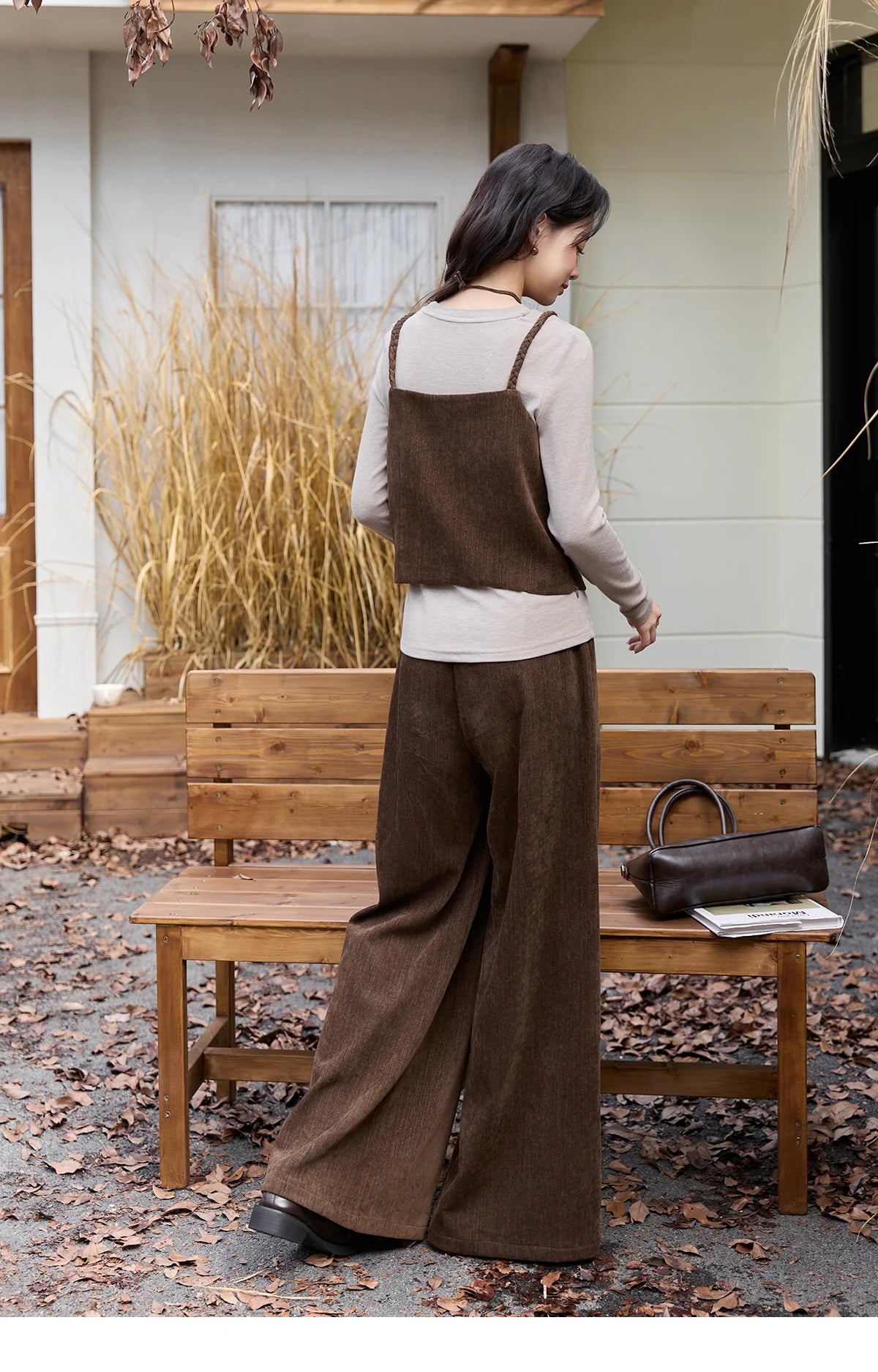 Mishow Brown Vest & Gray Top & Wide Leg Pants 3-Piece Set MXE49T1422