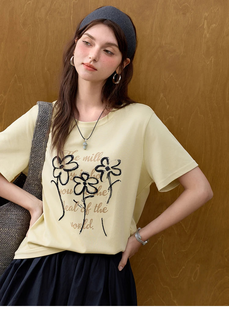 Mishow Embroidered Flower Round Neck Tee MXE33T0498