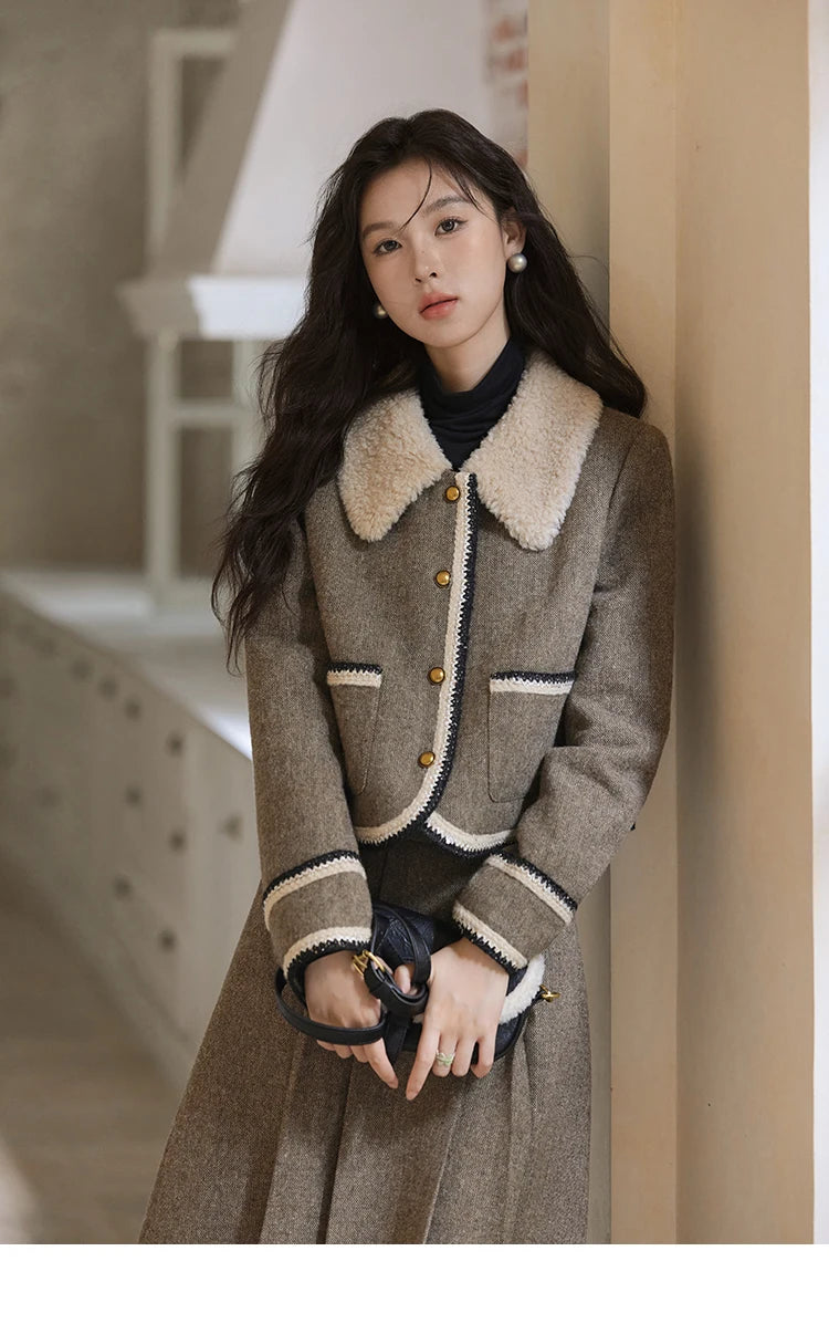 Mishow Vintage Plaid Tweed Jacket & Pleated Skirt Set MXD56W0569