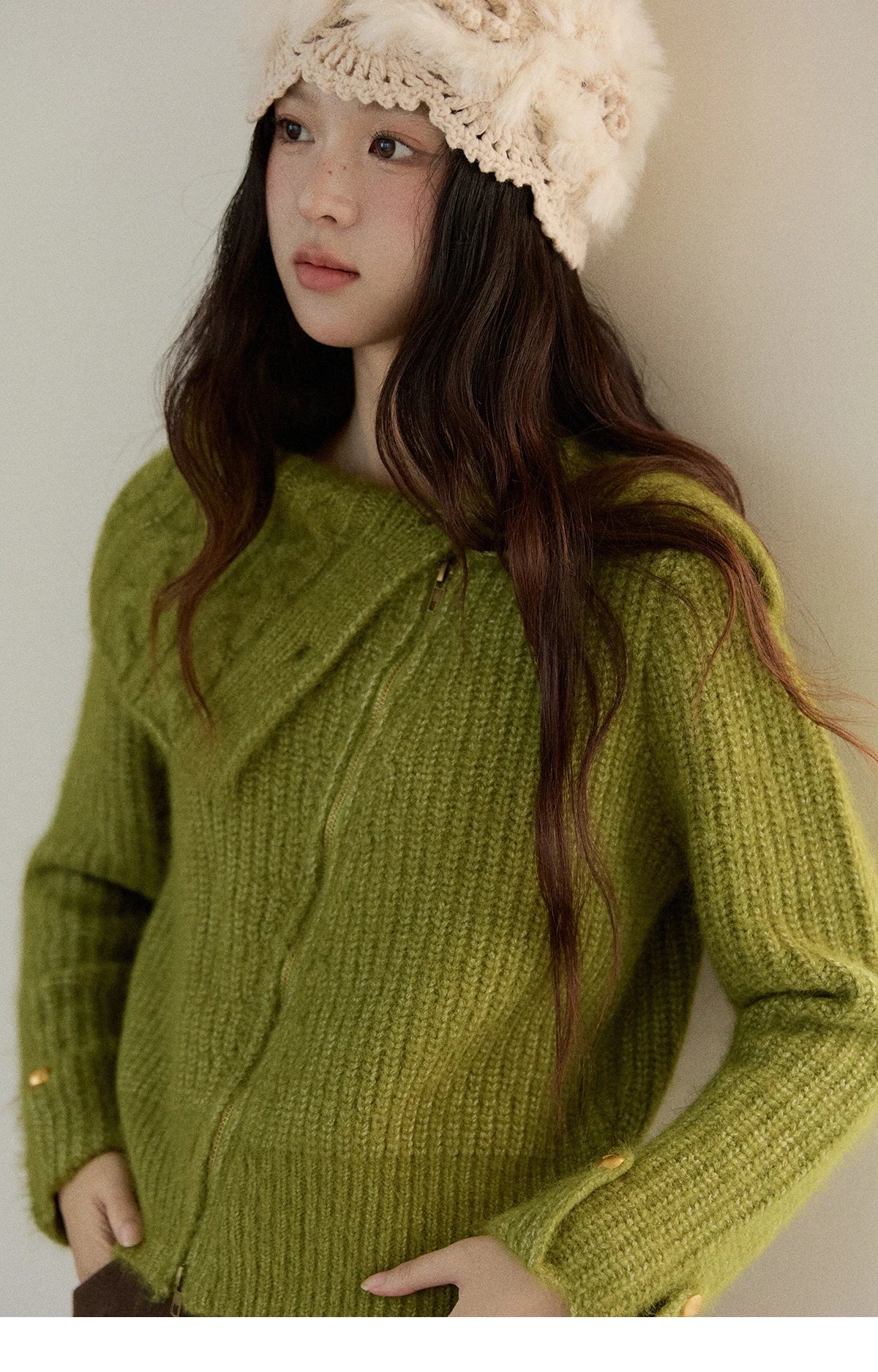 Mishow Green Wool Blend Long-Pile Large Lapel Pullover MXE90Z2760