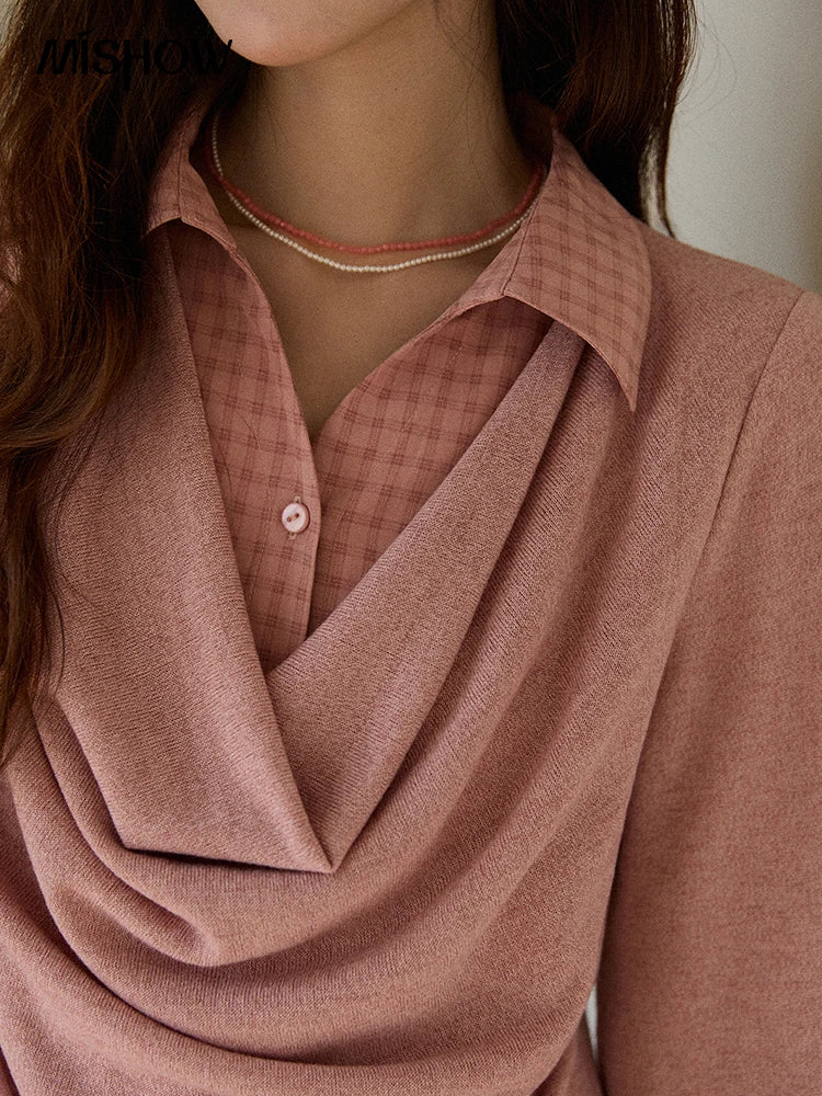 Mishow Pink Faux Two-Piece Plaid Draped Collar Pullover MXE87Z2747