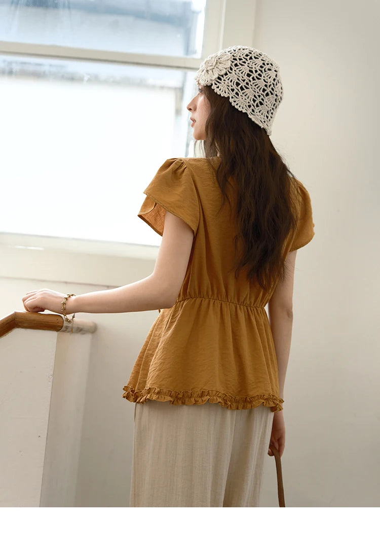 MISHOW Petal Sleeve Slim Shirt V-Neck Bead Belt MXE39X1881