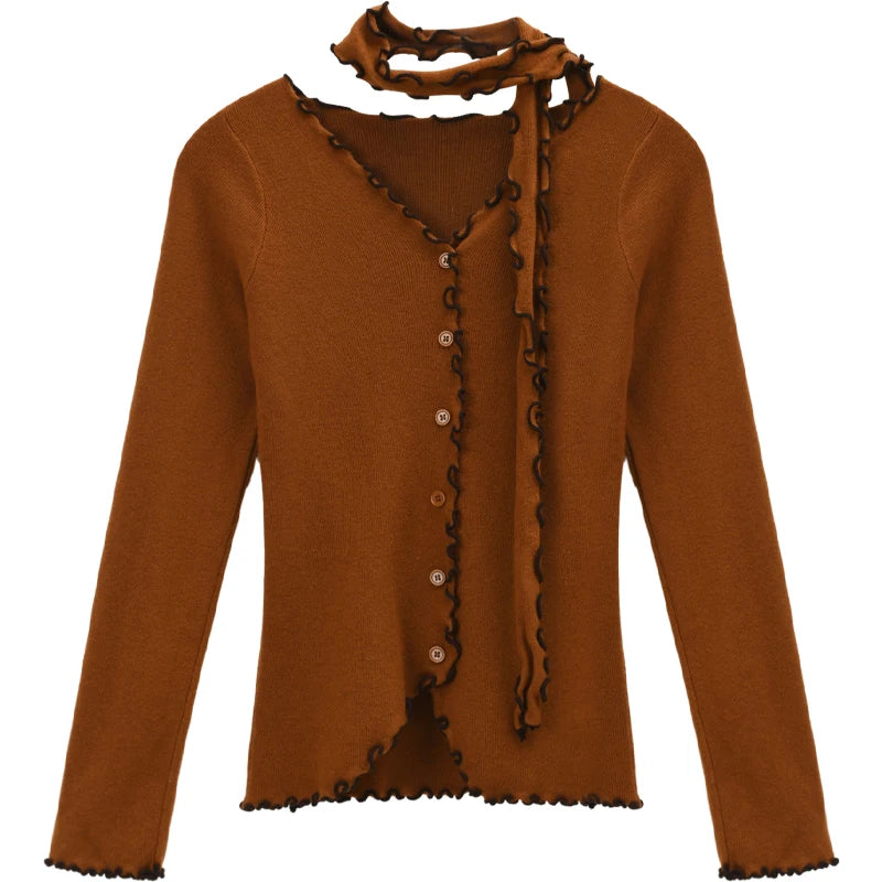 Mishow Ruffled Edge V-Neck Ribbon Knit Pullover MXE86Z2728