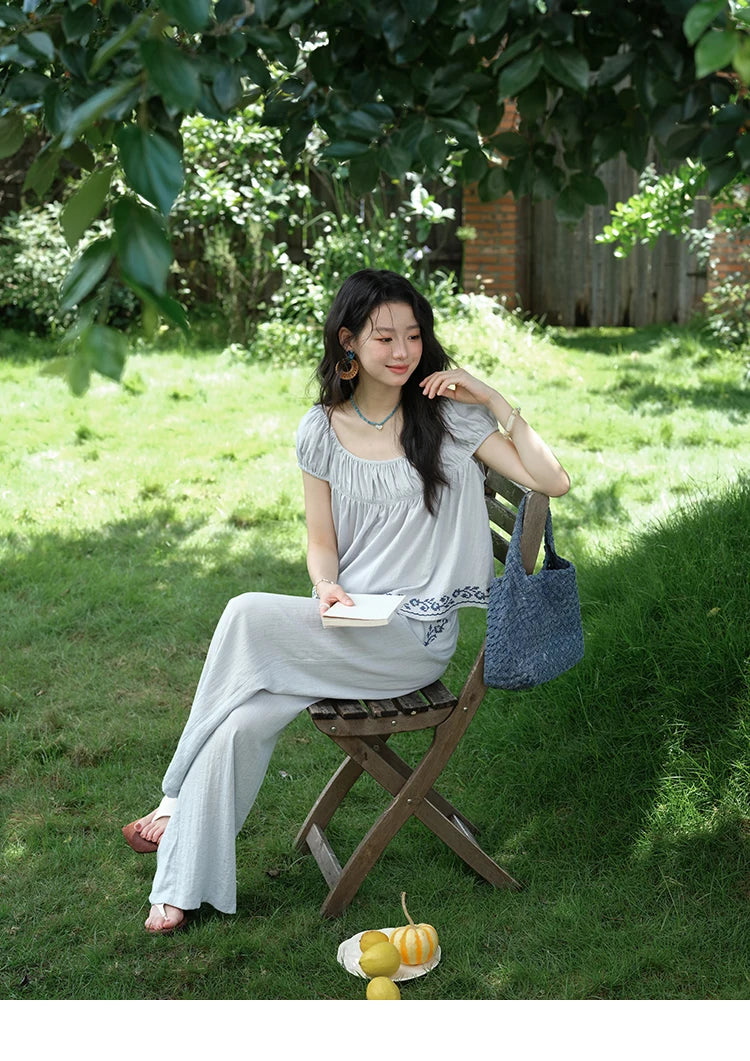 Mishow Embroidery Flower Round Neck Blouse & Pocket Wide Leg Pants Set MXE39T0669