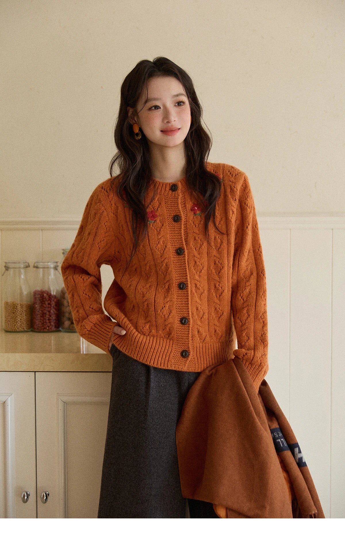Mishow Orange Cable Knit Floral Embroidery Cardigan MXE86Z2737